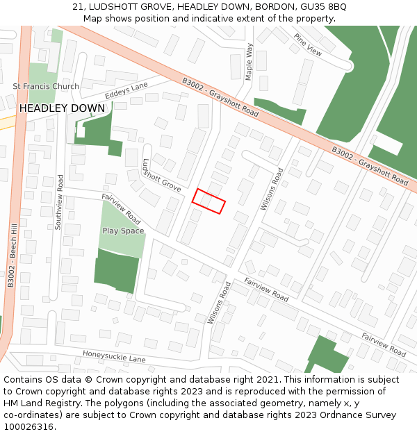 21, LUDSHOTT GROVE, HEADLEY DOWN, BORDON, GU35 8BQ: Location map and indicative extent of plot