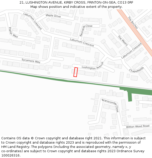 21, LUSHINGTON AVENUE, KIRBY CROSS, FRINTON-ON-SEA, CO13 0RF: Location map and indicative extent of plot