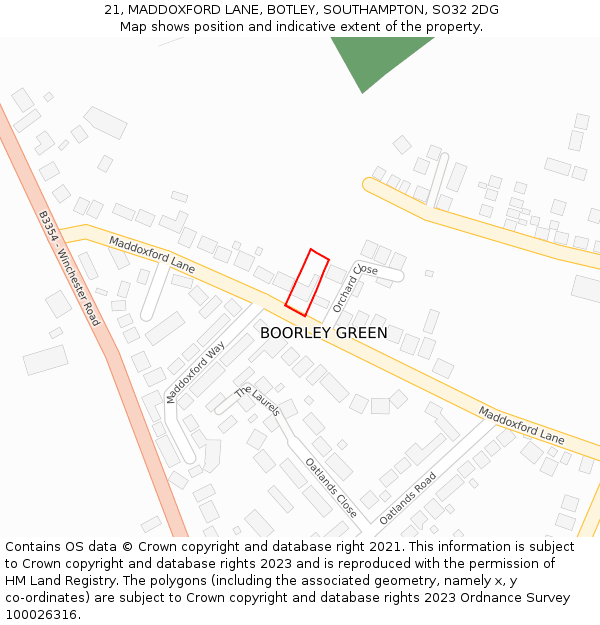 21, MADDOXFORD LANE, BOTLEY, SOUTHAMPTON, SO32 2DG: Location map and indicative extent of plot