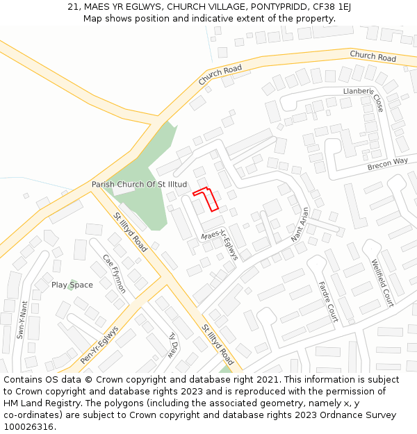 21, MAES YR EGLWYS, CHURCH VILLAGE, PONTYPRIDD, CF38 1EJ: Location map and indicative extent of plot