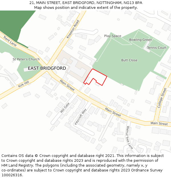 21, MAIN STREET, EAST BRIDGFORD, NOTTINGHAM, NG13 8PA: Location map and indicative extent of plot