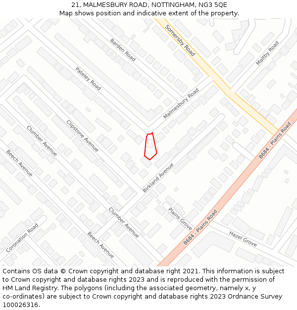 21, MALMESBURY ROAD, NOTTINGHAM, NG3 5QE: Location map and indicative extent of plot