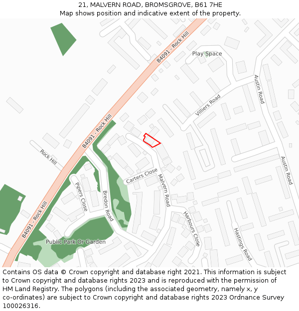 21, MALVERN ROAD, BROMSGROVE, B61 7HE: Location map and indicative extent of plot