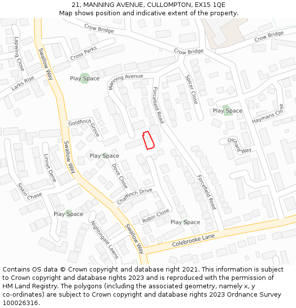 21, MANNING AVENUE, CULLOMPTON, EX15 1QE: Location map and indicative extent of plot