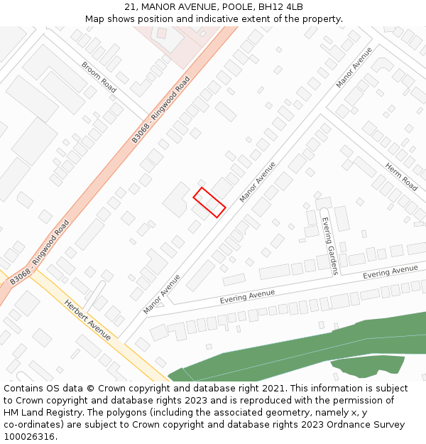 21, MANOR AVENUE, POOLE, BH12 4LB: Location map and indicative extent of plot