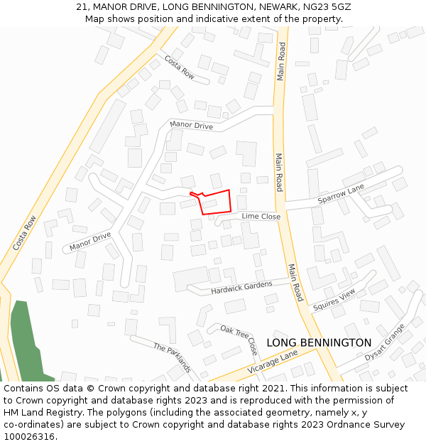 21, MANOR DRIVE, LONG BENNINGTON, NEWARK, NG23 5GZ: Location map and indicative extent of plot