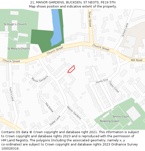 21, MANOR GARDENS, BUCKDEN, ST NEOTS, PE19 5TN: Location map and indicative extent of plot