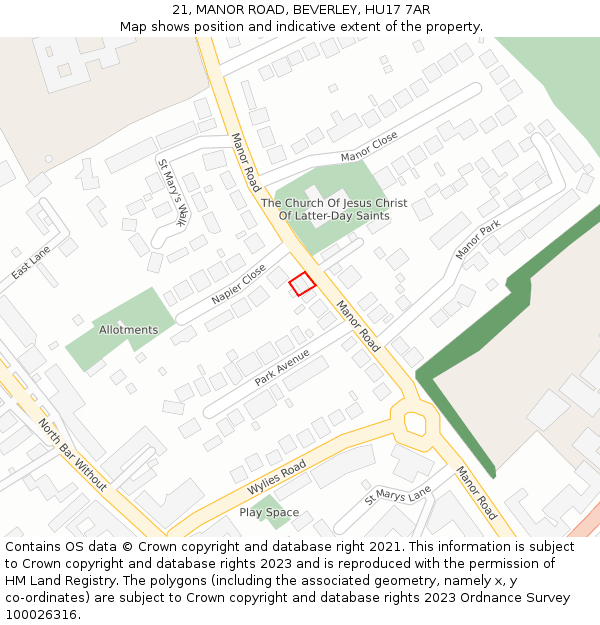 21, MANOR ROAD, BEVERLEY, HU17 7AR: Location map and indicative extent of plot