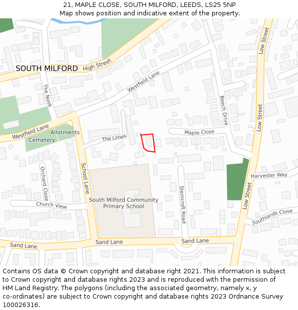 21, MAPLE CLOSE, SOUTH MILFORD, LEEDS, LS25 5NP: Location map and indicative extent of plot