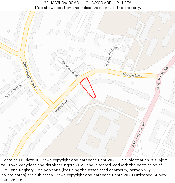 21, MARLOW ROAD, HIGH WYCOMBE, HP11 1TA: Location map and indicative extent of plot