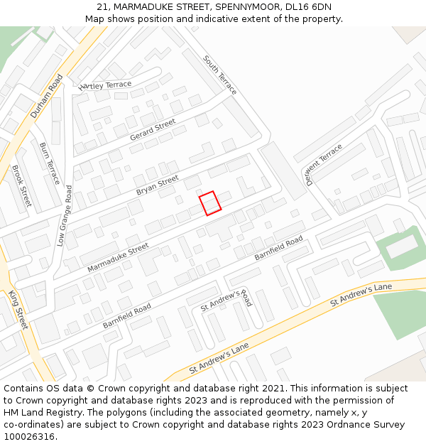 21, MARMADUKE STREET, SPENNYMOOR, DL16 6DN: Location map and indicative extent of plot