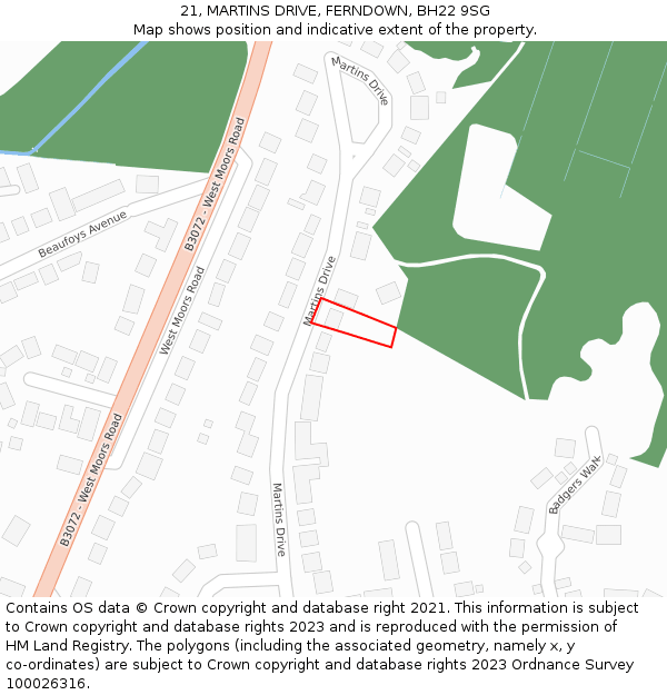 21, MARTINS DRIVE, FERNDOWN, BH22 9SG: Location map and indicative extent of plot