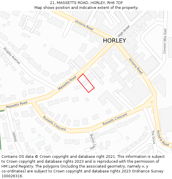 21, MASSETTS ROAD, HORLEY, RH6 7DF: Location map and indicative extent of plot