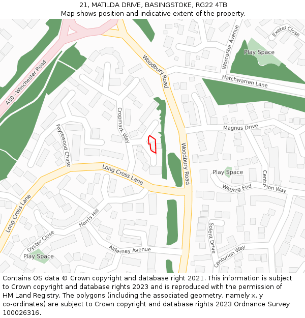 21, MATILDA DRIVE, BASINGSTOKE, RG22 4TB: Location map and indicative extent of plot