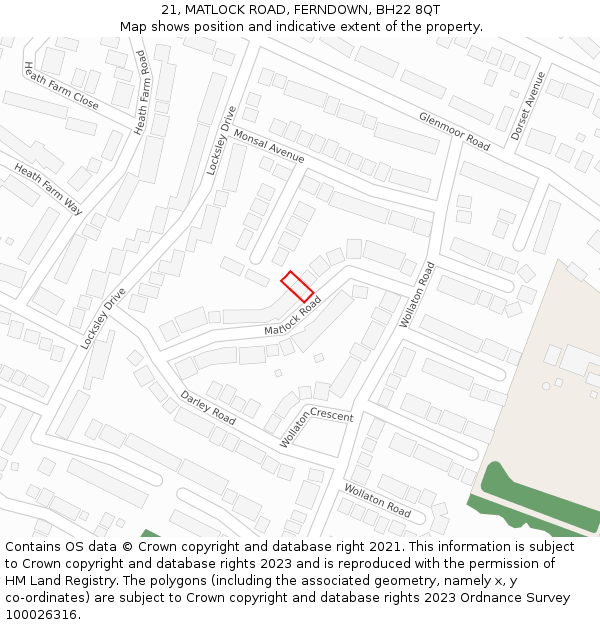 21, MATLOCK ROAD, FERNDOWN, BH22 8QT: Location map and indicative extent of plot