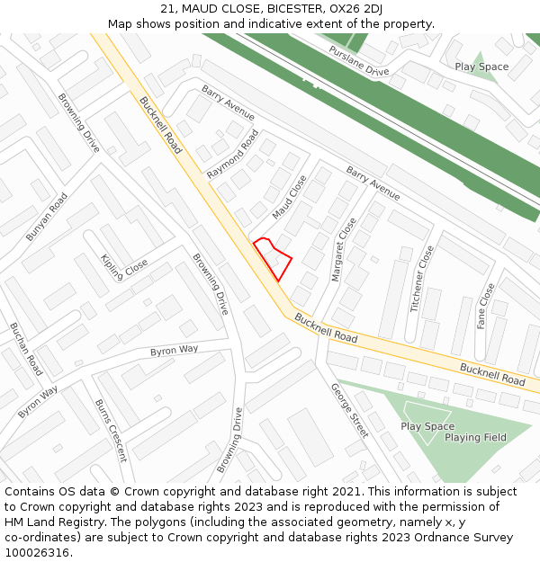 21, MAUD CLOSE, BICESTER, OX26 2DJ: Location map and indicative extent of plot