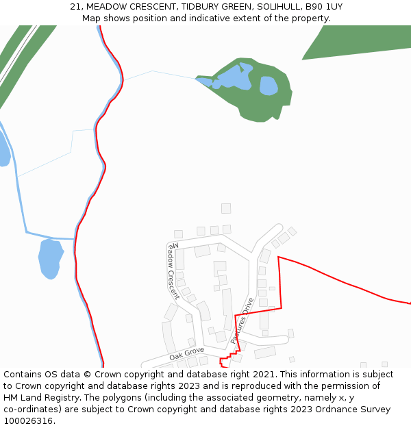 21, MEADOW CRESCENT, TIDBURY GREEN, SOLIHULL, B90 1UY: Location map and indicative extent of plot