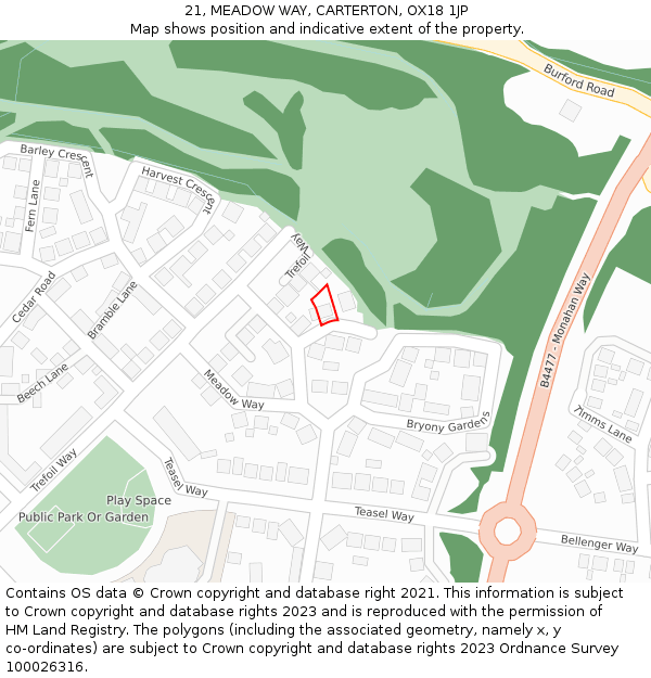 21, MEADOW WAY, CARTERTON, OX18 1JP: Location map and indicative extent of plot