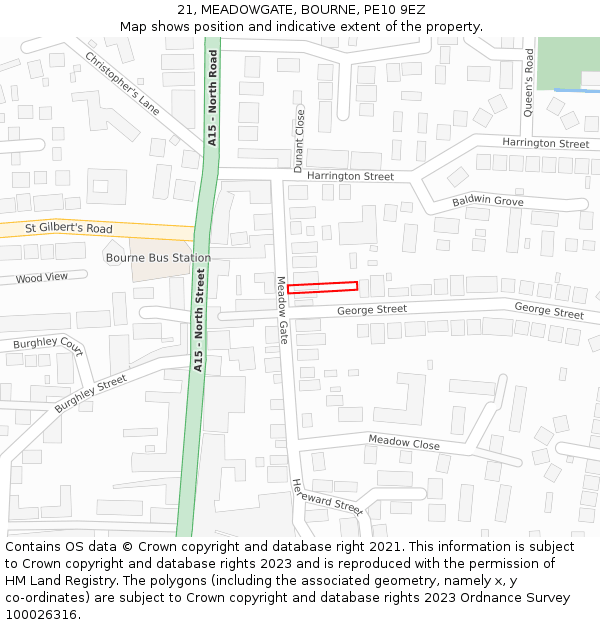 21, MEADOWGATE, BOURNE, PE10 9EZ: Location map and indicative extent of plot