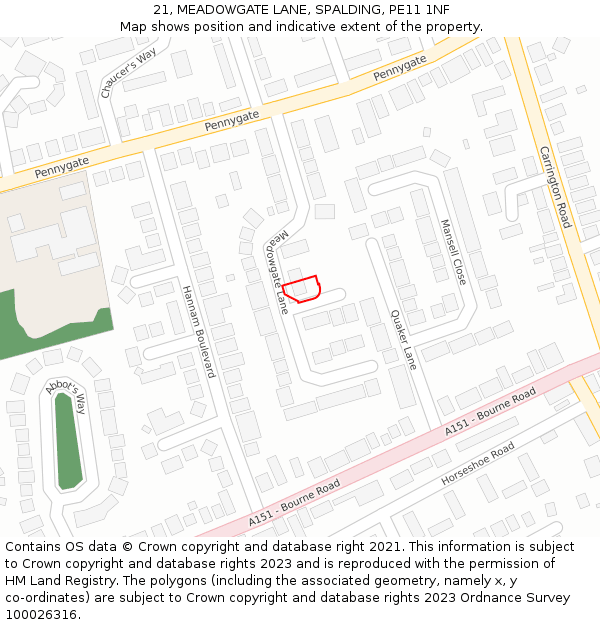 21, MEADOWGATE LANE, SPALDING, PE11 1NF: Location map and indicative extent of plot