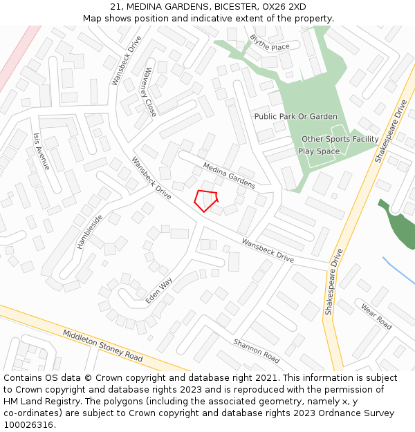 21, MEDINA GARDENS, BICESTER, OX26 2XD: Location map and indicative extent of plot