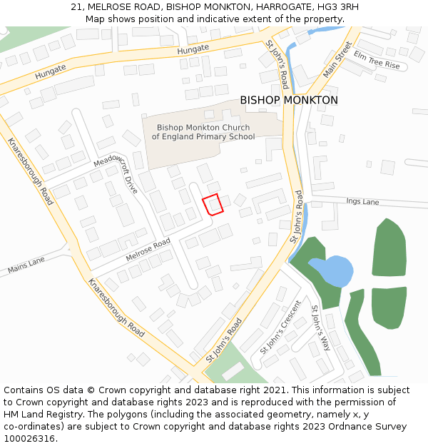 21, MELROSE ROAD, BISHOP MONKTON, HARROGATE, HG3 3RH: Location map and indicative extent of plot