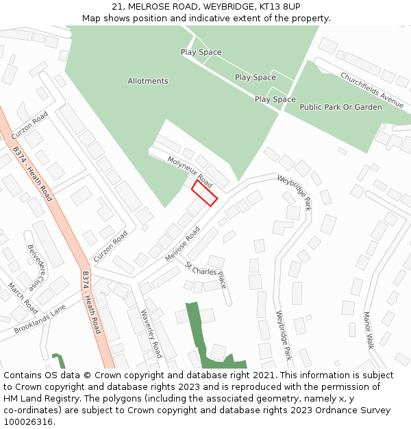 21, MELROSE ROAD, WEYBRIDGE, KT13 8UP: Location map and indicative extent of plot