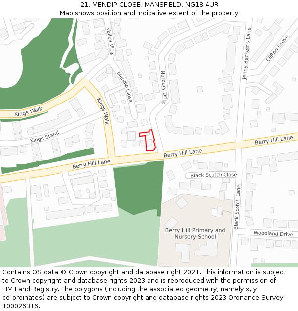 21, MENDIP CLOSE, MANSFIELD, NG18 4UR: Location map and indicative extent of plot