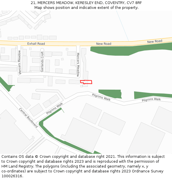 21, MERCERS MEADOW, KERESLEY END, COVENTRY, CV7 8RF: Location map and indicative extent of plot