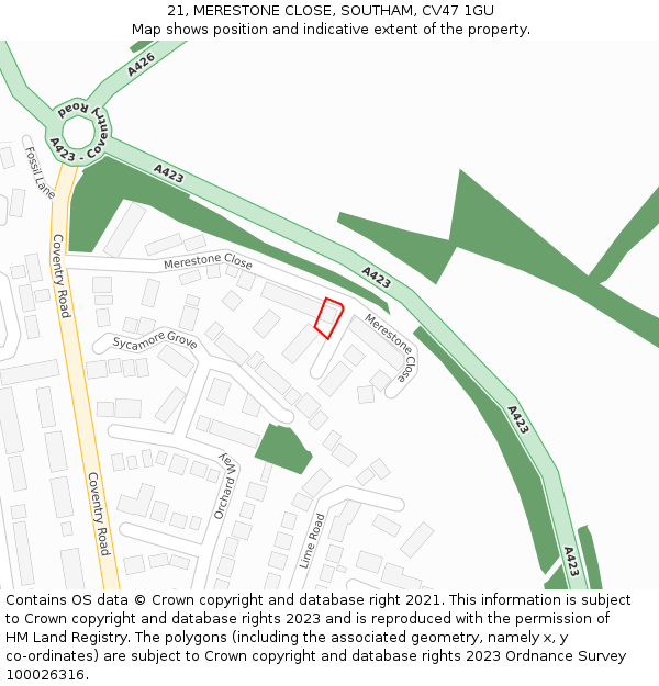 21, MERESTONE CLOSE, SOUTHAM, CV47 1GU: Location map and indicative extent of plot