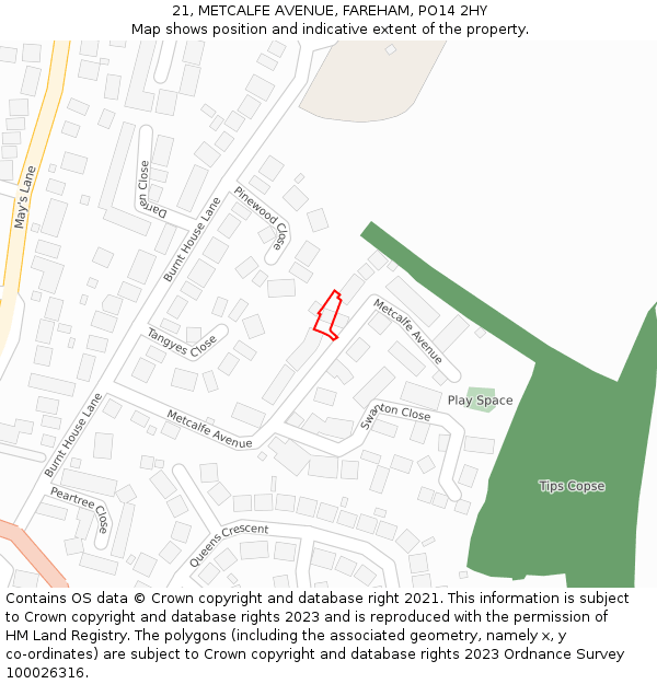 21, METCALFE AVENUE, FAREHAM, PO14 2HY: Location map and indicative extent of plot