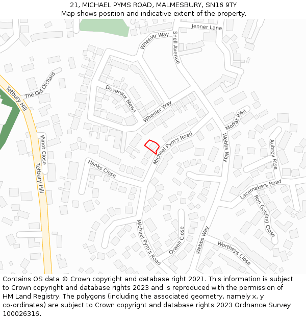 21, MICHAEL PYMS ROAD, MALMESBURY, SN16 9TY: Location map and indicative extent of plot