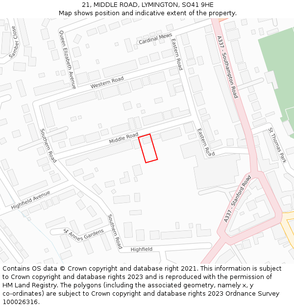 21, MIDDLE ROAD, LYMINGTON, SO41 9HE: Location map and indicative extent of plot