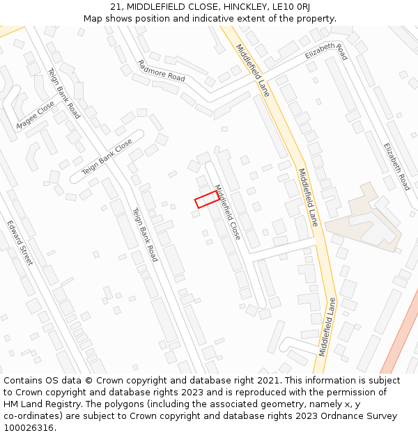 21, MIDDLEFIELD CLOSE, HINCKLEY, LE10 0RJ: Location map and indicative extent of plot