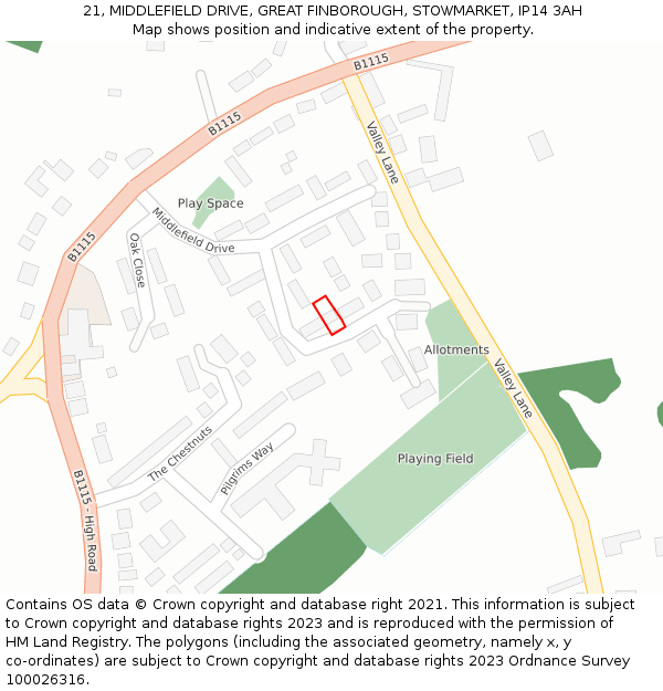 21, MIDDLEFIELD DRIVE, GREAT FINBOROUGH, STOWMARKET, IP14 3AH: Location map and indicative extent of plot