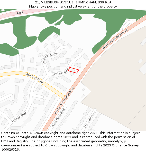 21, MILESBUSH AVENUE, BIRMINGHAM, B36 9UA: Location map and indicative extent of plot