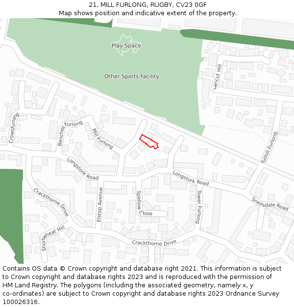 21, MILL FURLONG, RUGBY, CV23 0GF: Location map and indicative extent of plot