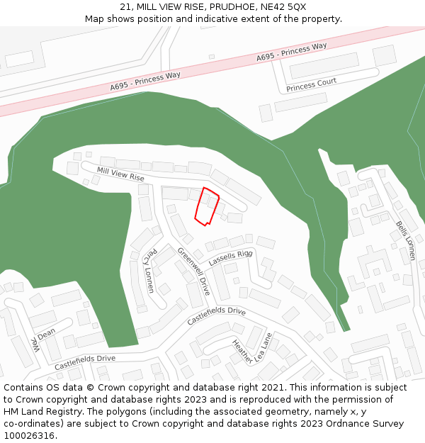 21, MILL VIEW RISE, PRUDHOE, NE42 5QX: Location map and indicative extent of plot