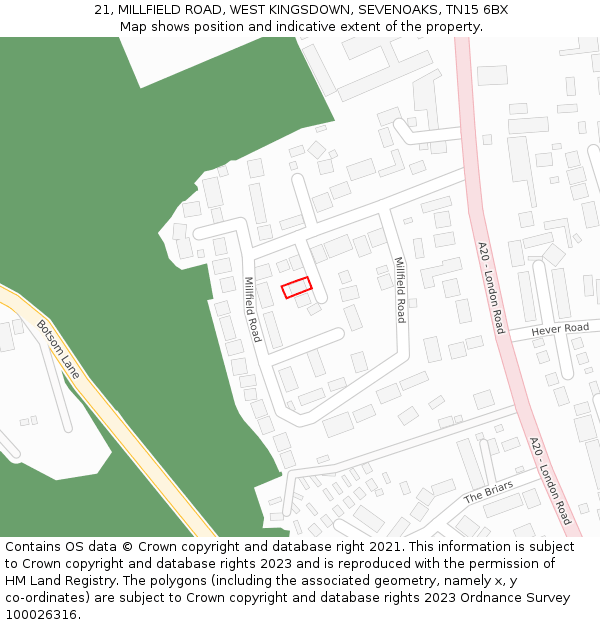 21, MILLFIELD ROAD, WEST KINGSDOWN, SEVENOAKS, TN15 6BX: Location map and indicative extent of plot
