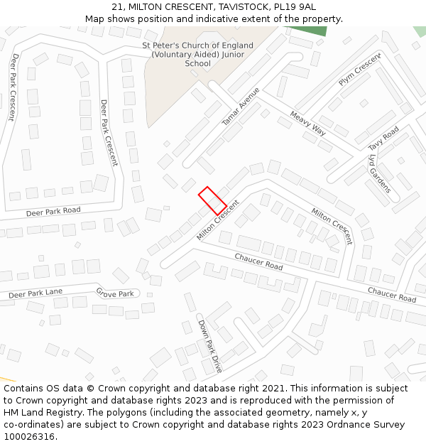 21, MILTON CRESCENT, TAVISTOCK, PL19 9AL: Location map and indicative extent of plot
