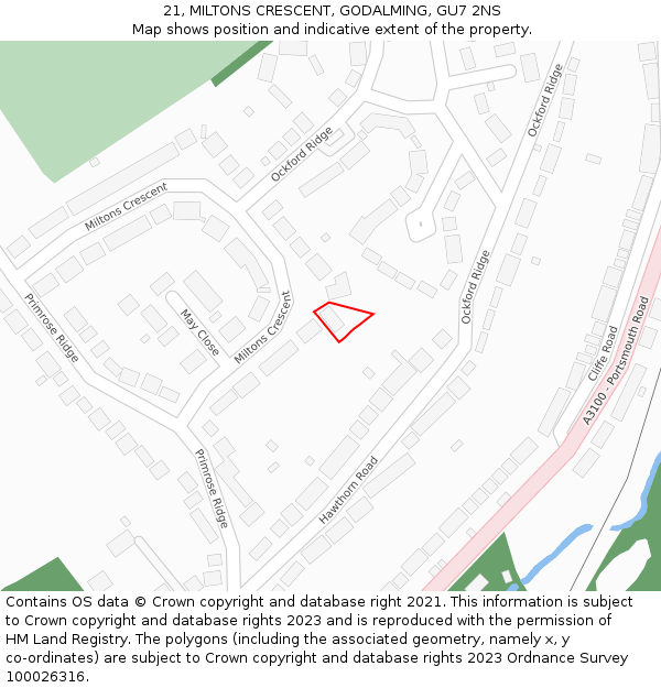 21, MILTONS CRESCENT, GODALMING, GU7 2NS: Location map and indicative extent of plot