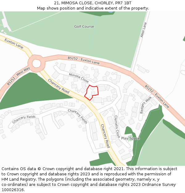 21, MIMOSA CLOSE, CHORLEY, PR7 1BT: Location map and indicative extent of plot