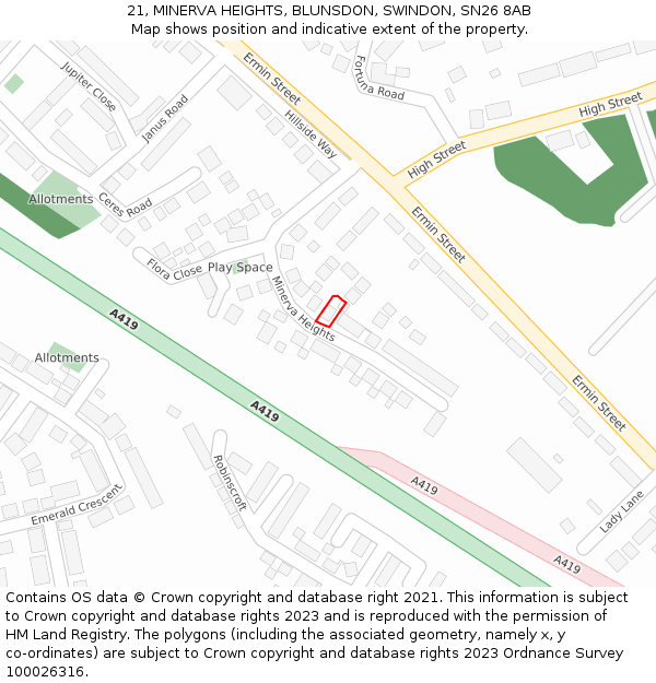 21, MINERVA HEIGHTS, BLUNSDON, SWINDON, SN26 8AB: Location map and indicative extent of plot