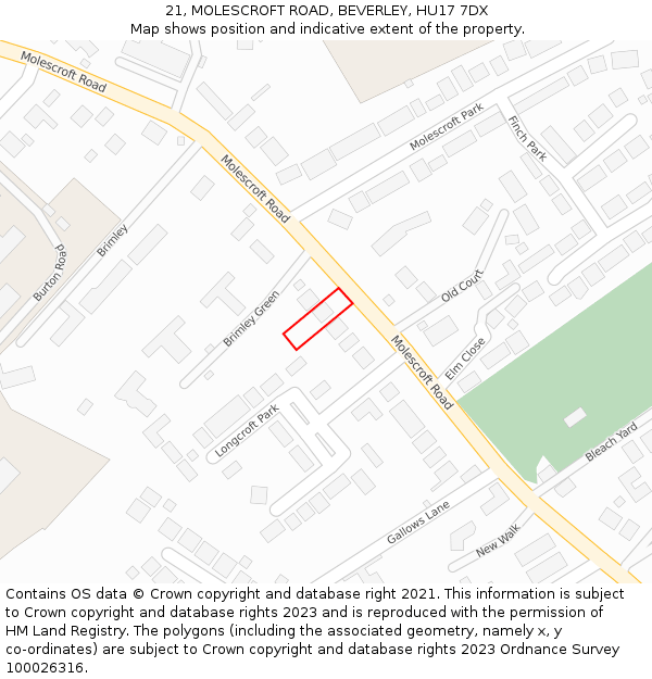 21, MOLESCROFT ROAD, BEVERLEY, HU17 7DX: Location map and indicative extent of plot