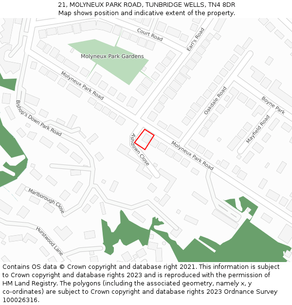 21, MOLYNEUX PARK ROAD, TUNBRIDGE WELLS, TN4 8DR: Location map and indicative extent of plot