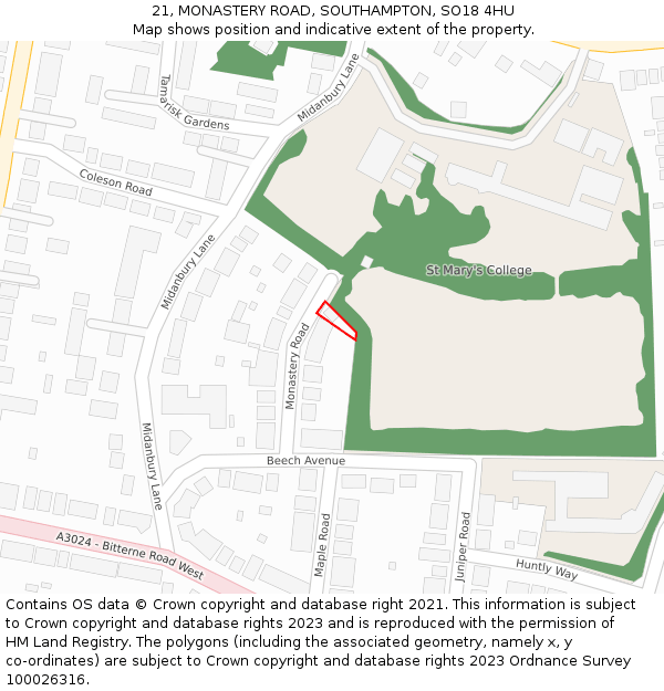 21, MONASTERY ROAD, SOUTHAMPTON, SO18 4HU: Location map and indicative extent of plot