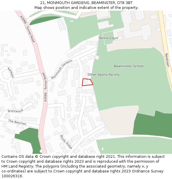 21, MONMOUTH GARDENS, BEAMINSTER, DT8 3BT: Location map and indicative extent of plot