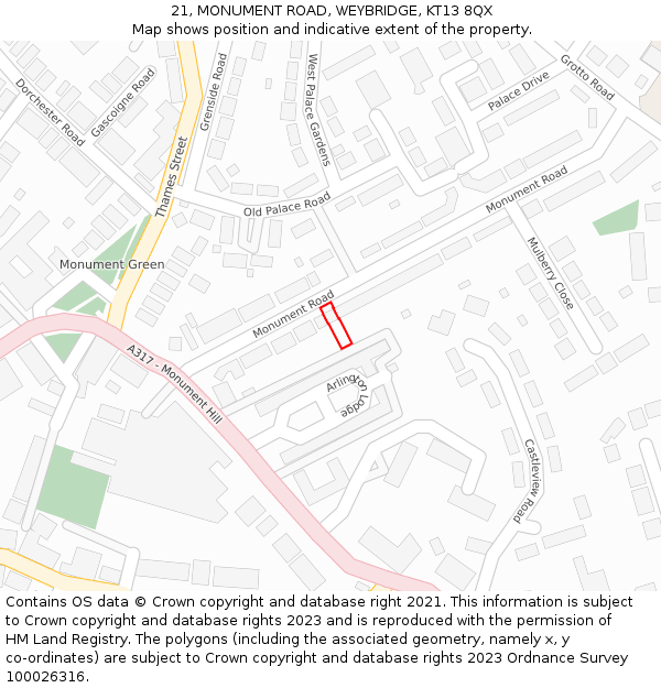 21, MONUMENT ROAD, WEYBRIDGE, KT13 8QX: Location map and indicative extent of plot