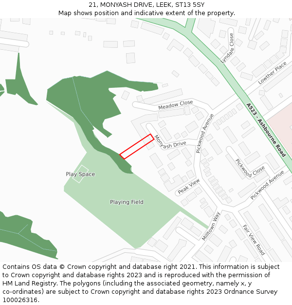 21, MONYASH DRIVE, LEEK, ST13 5SY: Location map and indicative extent of plot