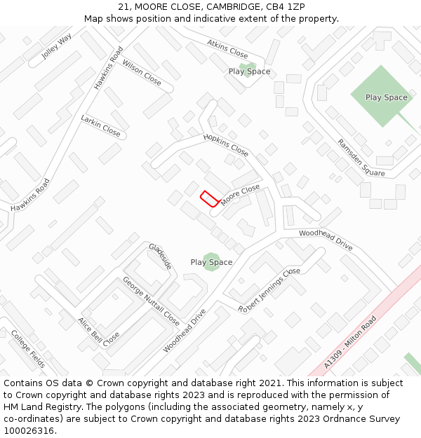 21, MOORE CLOSE, CAMBRIDGE, CB4 1ZP: Location map and indicative extent of plot